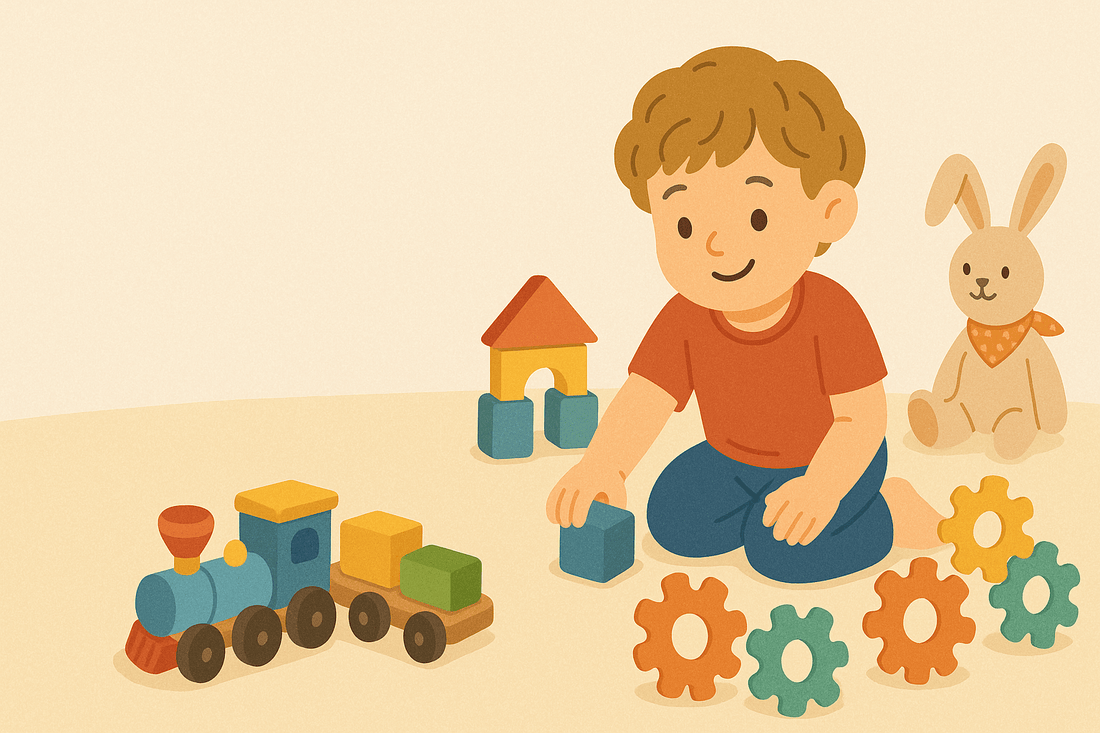 Young boy playing with colorful wooden toys, blocks, gears, and a plush bunny on a beige floor in a screen-free play setting.