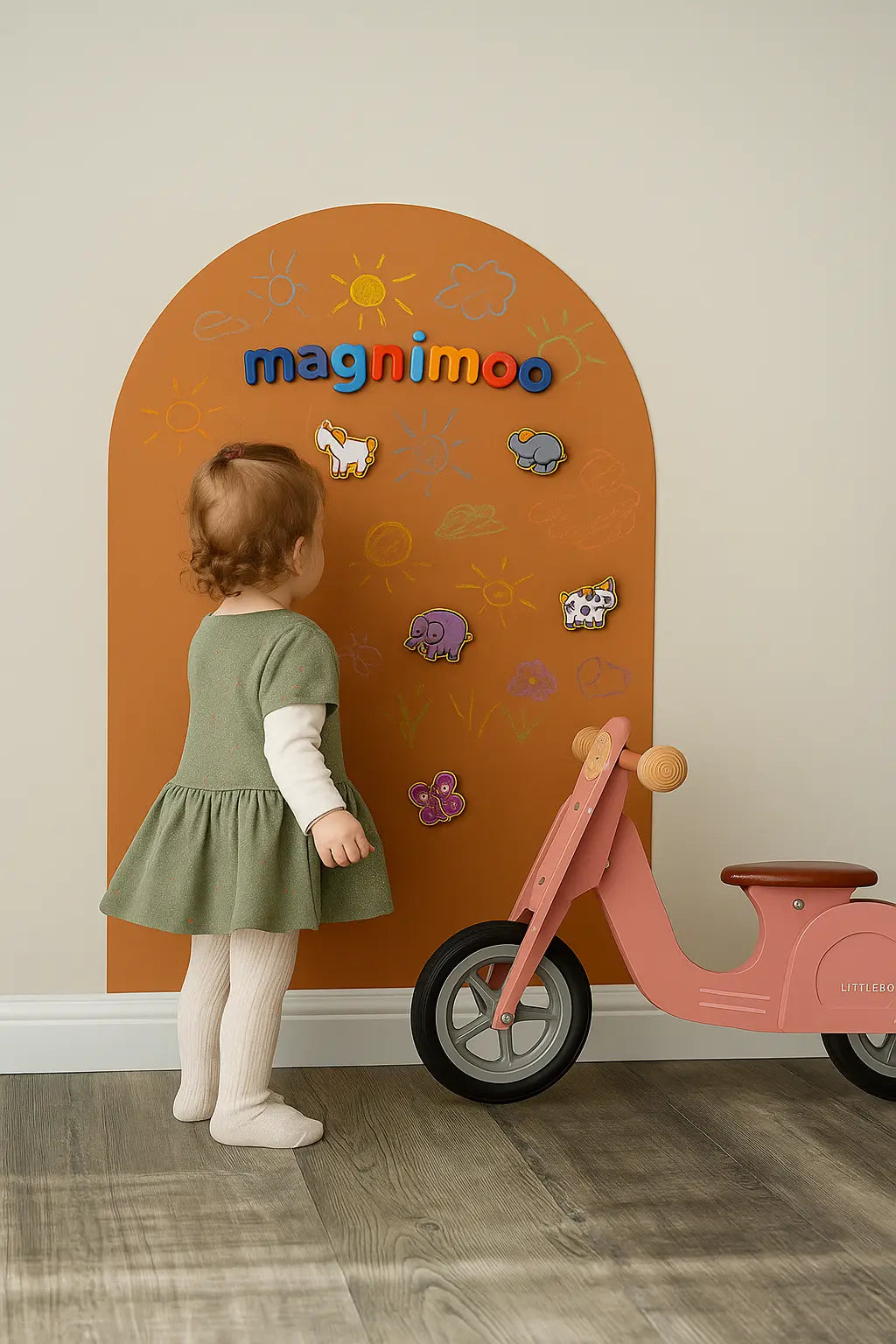 Toddler girl playing with Magnimoo magnet board in Burnt Amber arch design beside a pink scooter