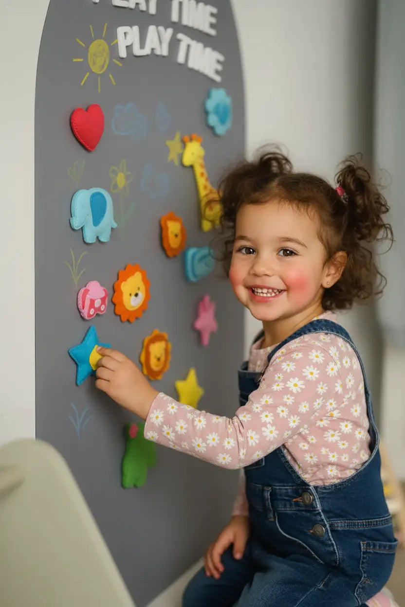 Smiling child arranging colorful magnets on a grey magnet board.