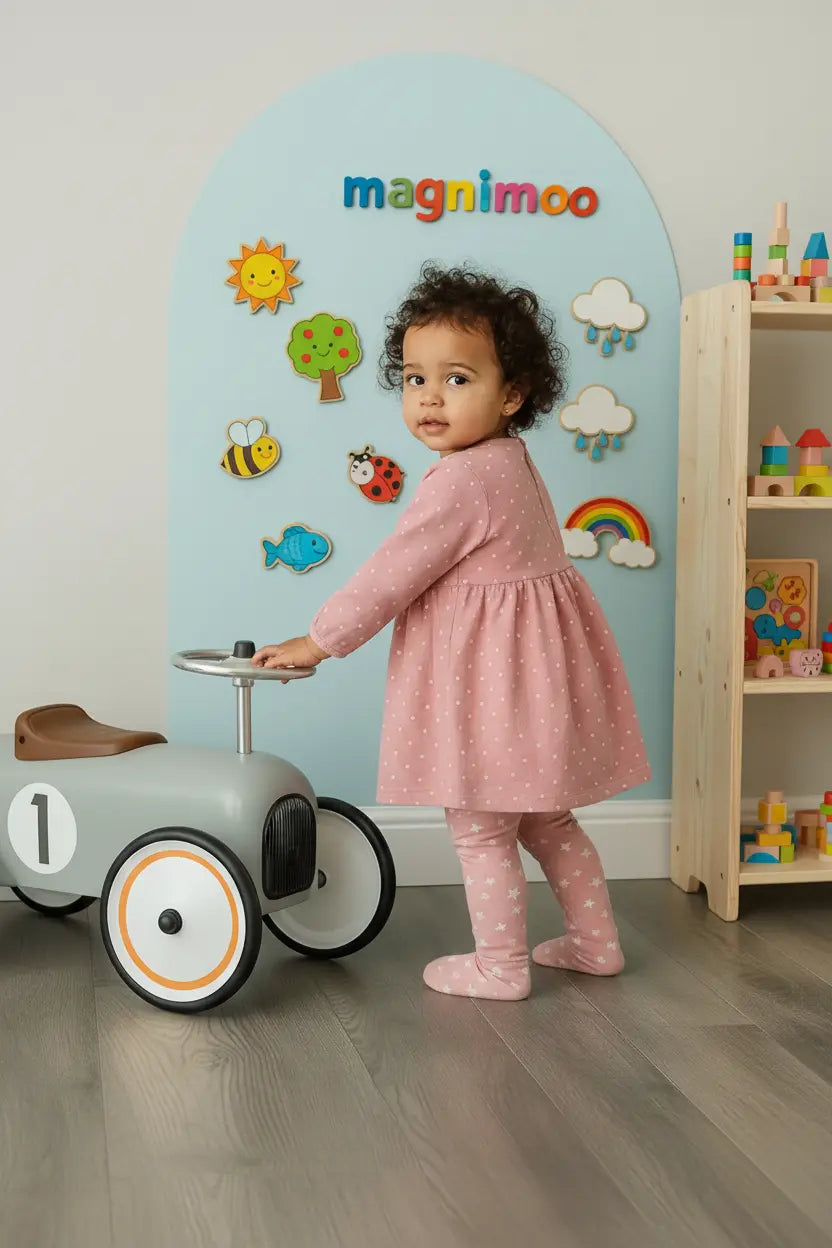 Toddler standing by a blue magnetic board and chalkboard with nature magnets and toys.