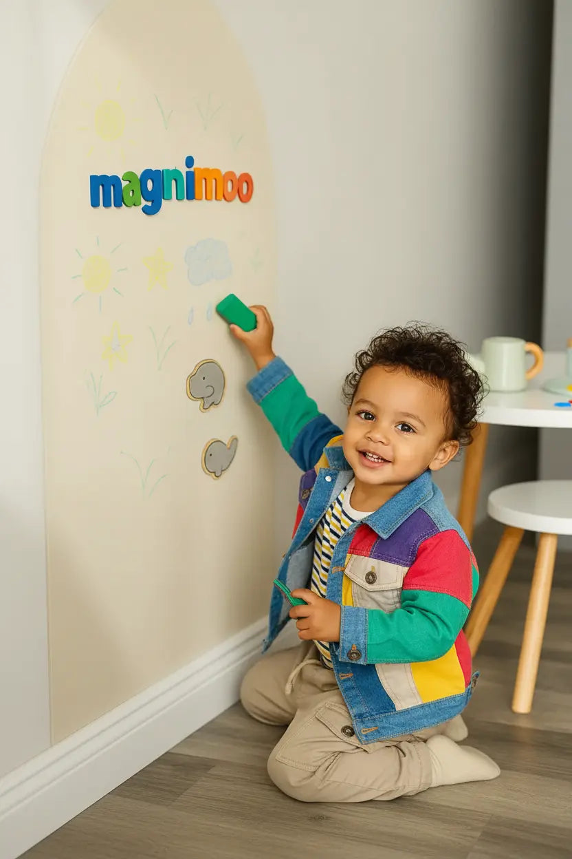 Toddler smiling while placing magnets on a white magnetic board and chalkboard.