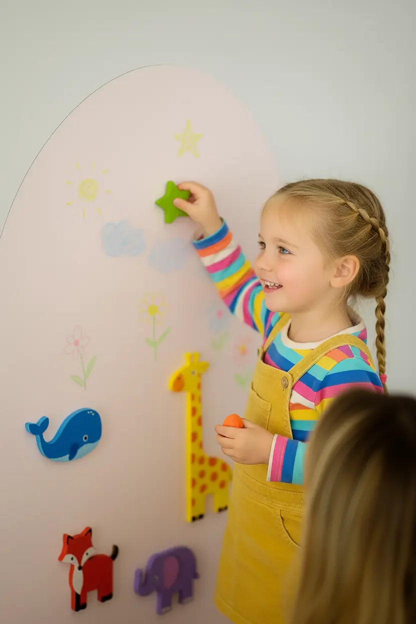 Girl decorating a pink magnetic board with animal magnets and chalk drawings.