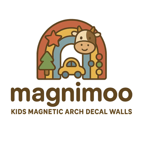 Magnimoo logo – kids magnetic arch decal walls brand featuring a cow, rainbow, and playful shapes