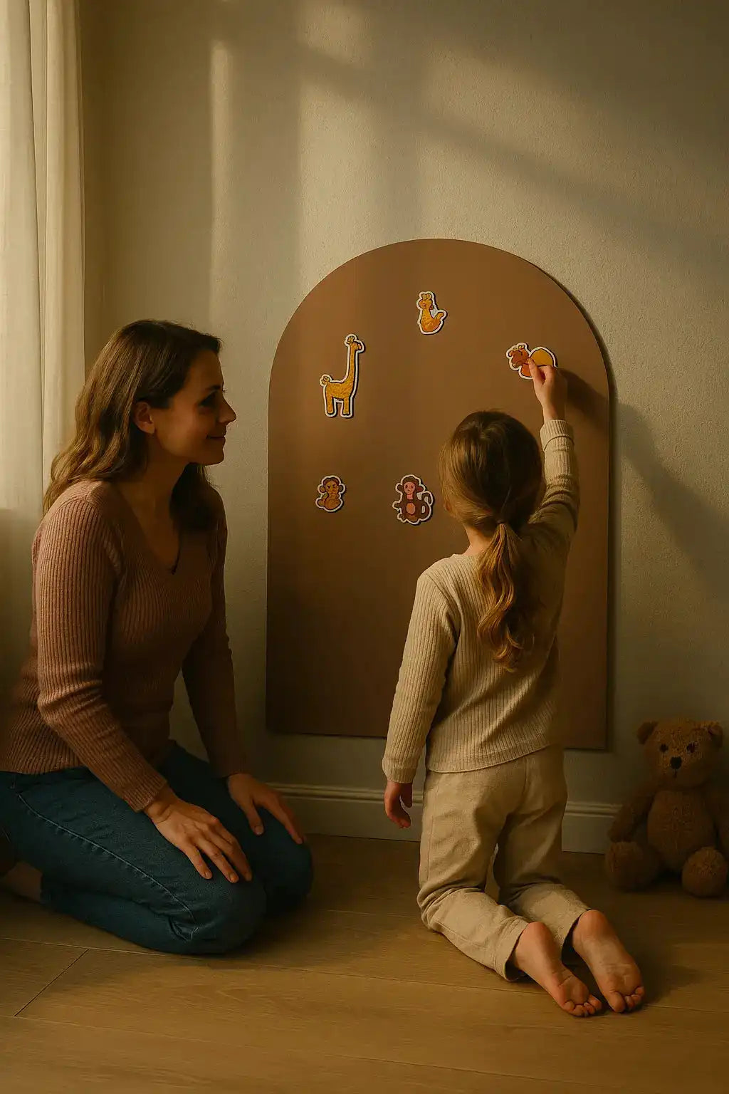 Mother and daughter sharing quiet playtime with animal magnets in a cozy playroom.