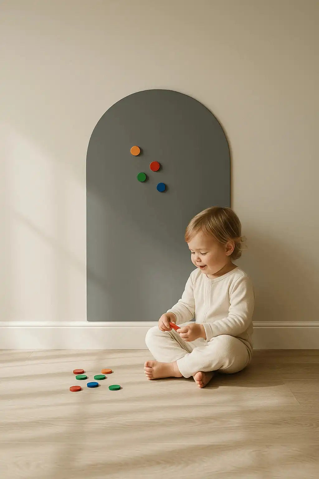 Child smiling while playing with colorful magnets in a minimalist play space.