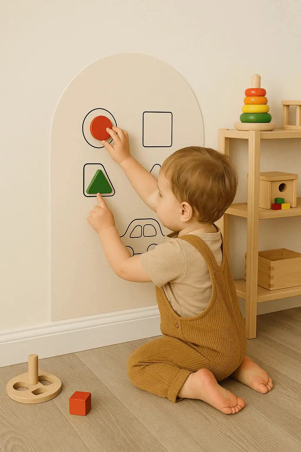 Toddler placing shapes in a Montessori-style play area with natural wood toys.