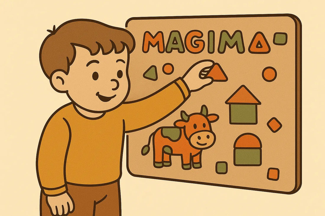 A vintage-style cartoon illustration of a young boy placing a magnetic triangle
