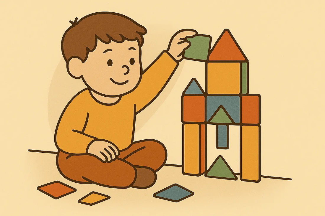 A digital illustration of a young boy with short brown hair, sitting cross-legged on the floor in a mustard yellow shirt and brown pants. 