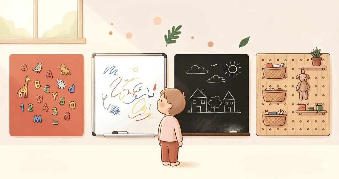 Four educational wall surfaces compared in a warm children's playroom — a coral magnetic wall, a whiteboard, a chalkboard, and a wooden pegboard — with a young child considering which to use.