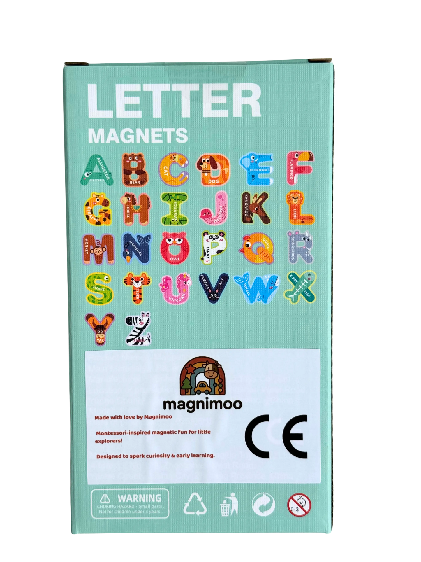 Backside of the letter magnets toys by magnimoo