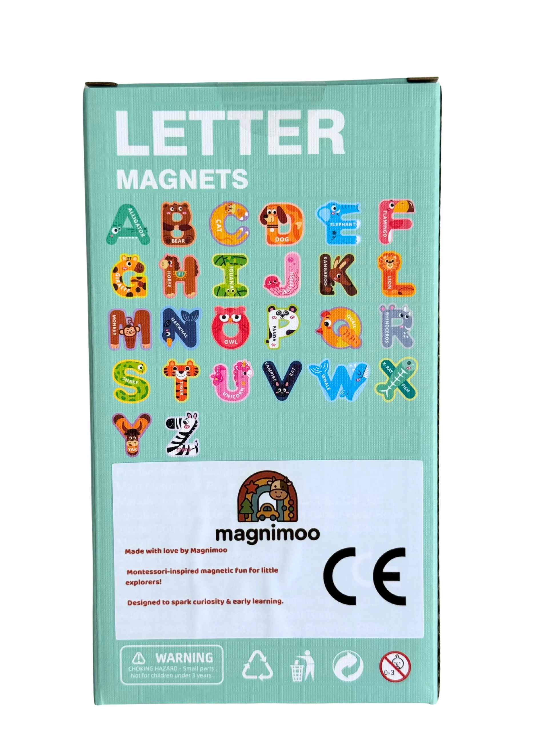 Backside of the letter magnets toys by magnimoo