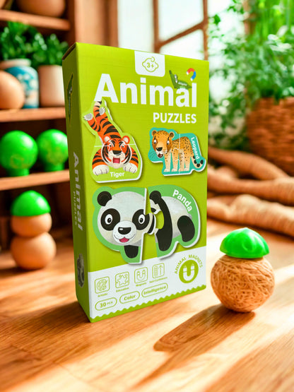 Box packaging of Magnimoo magnets animals puzzle featuring tiger, panda, and leopard illustrations for kids aged 3 and up.
