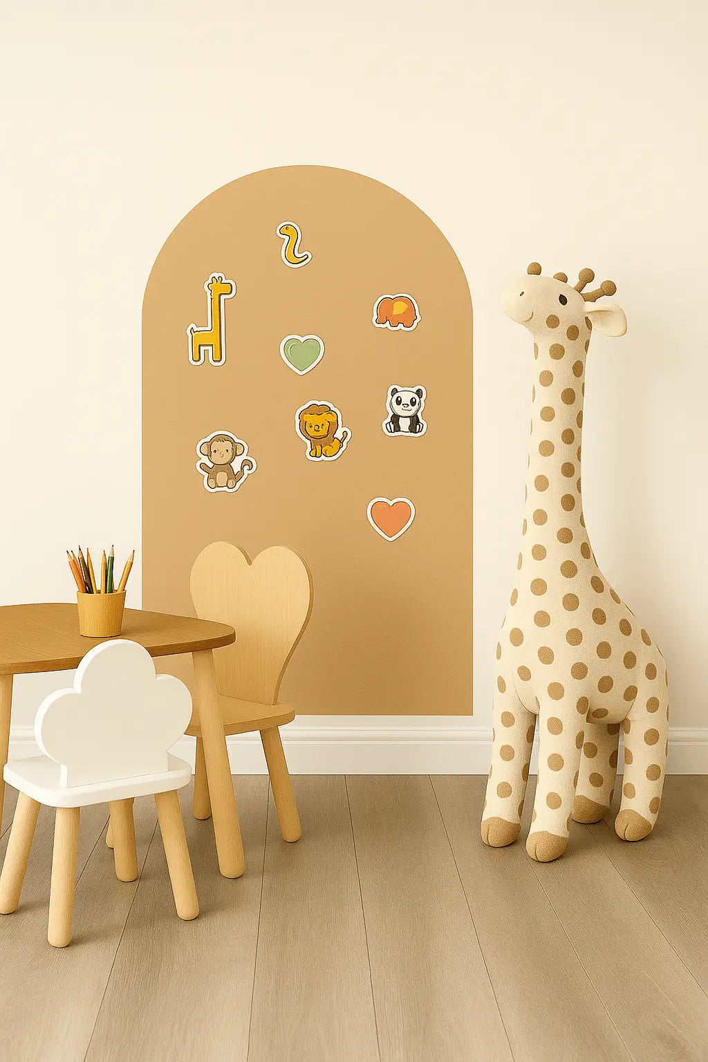 Magnimoo Brown Sugar magnetic wall decal with animal magnets in a Montessori-inspired playroom setup