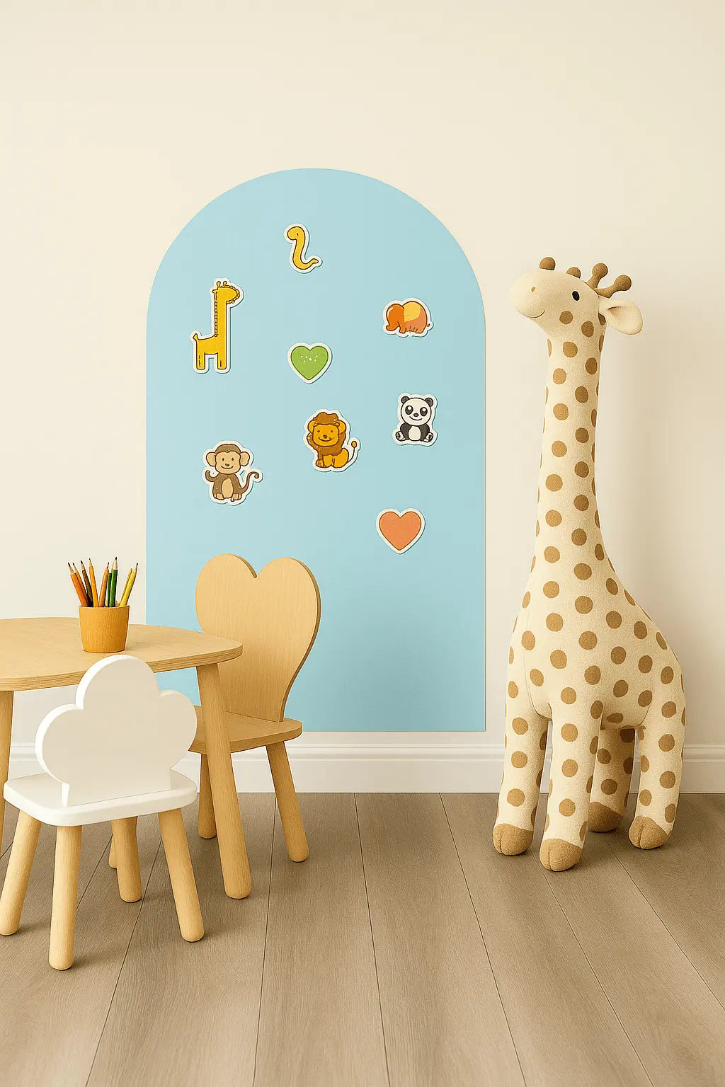 Blue Dream magnet board by Magnimoo shown with animal magnets in a Montessori-inspired kids’ playroom setup.