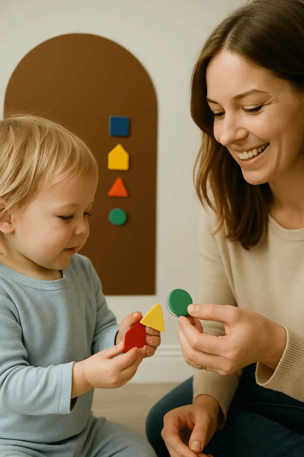 Mom and toddler exploring shapes together in front of a warm-toned play wall.