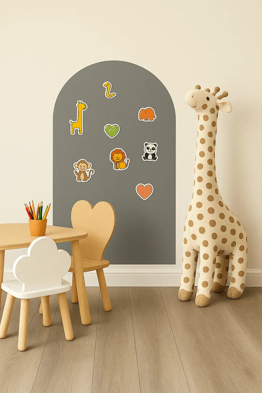Grey Elephant magnetic board by Magnimoo shown with animal magnets in a Montessori-inspired kids’ playroom setup.