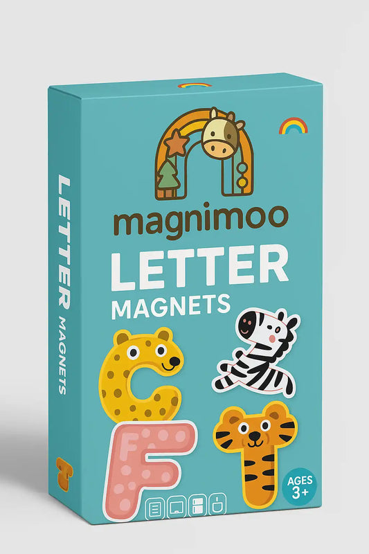 Magnimoo Letter Magnets packaging featuring colorful animal-themed letters and a zebra on a blue box, ideal for early learning.