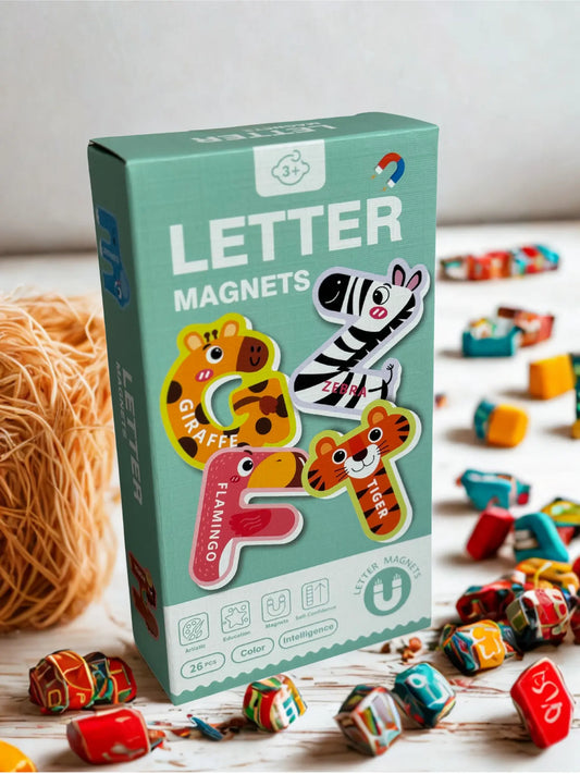 Magnimoo Letter Magnets packaging featuring colorful animal-themed letters and a zebra on a blue box, ideal for early learning.