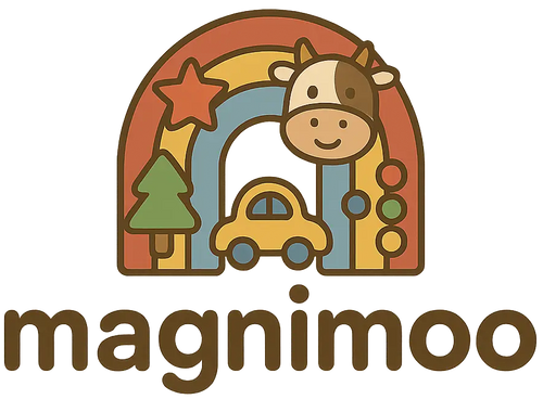 Logo of magnimoo with a cartoon cow, rainbow, car, and star on a white background