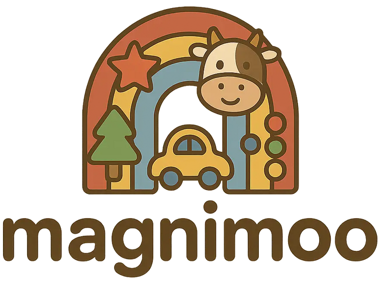Logo of magnimoo with a cartoon cow, rainbow, car, and star on a white background