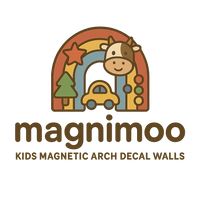 Magnimoo logo – kids magnetic arch decal walls brand featuring a cow, rainbow, and playful shapes