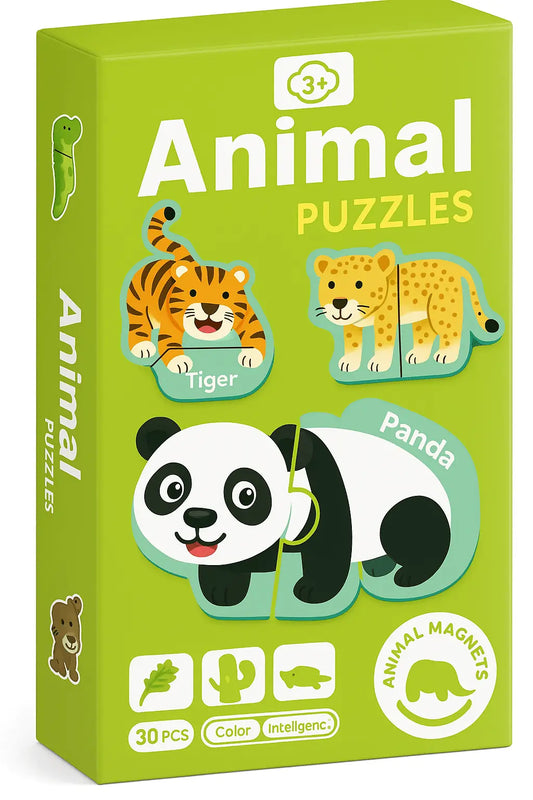 Box packaging of Magnimoo magnets animals puzzle featuring tiger, panda, and leopard illustrations for kids aged 3 and up.