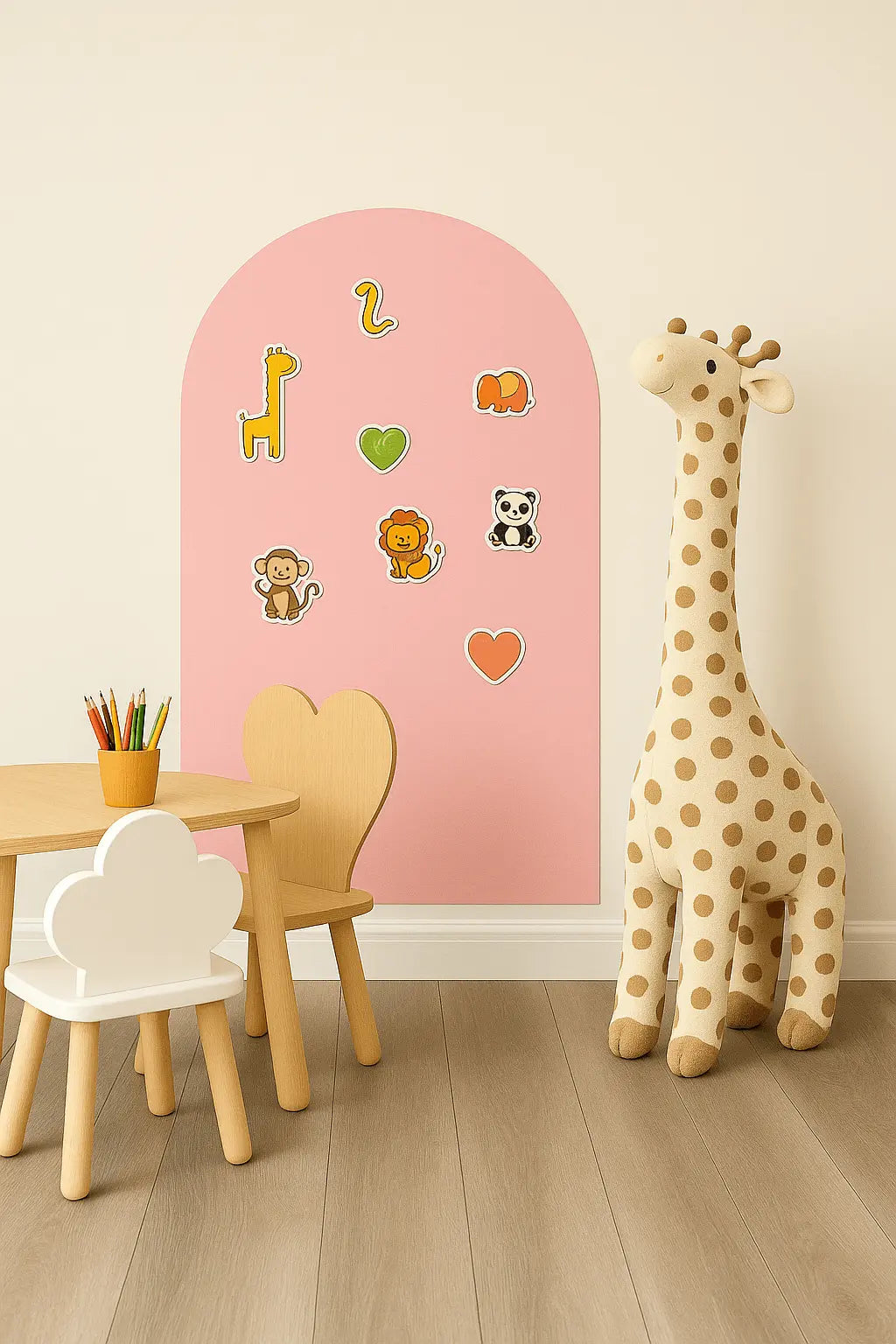 Pink Sweetness magnet board by Magnimoo shown with animal magnets in a Montessori-inspired kids’ playroom setup.