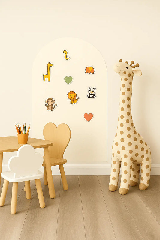 Magnimoo White Pudding magnetic chalkboard displayed in a calm, Montessori-inspired toddler playroom